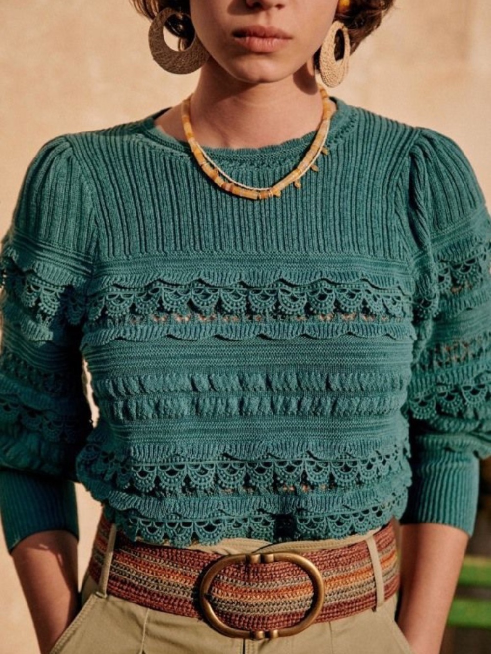 Sézane Augustin Scalloped Lace Short Sleeve Green Sweater Boho Preppy Size Small